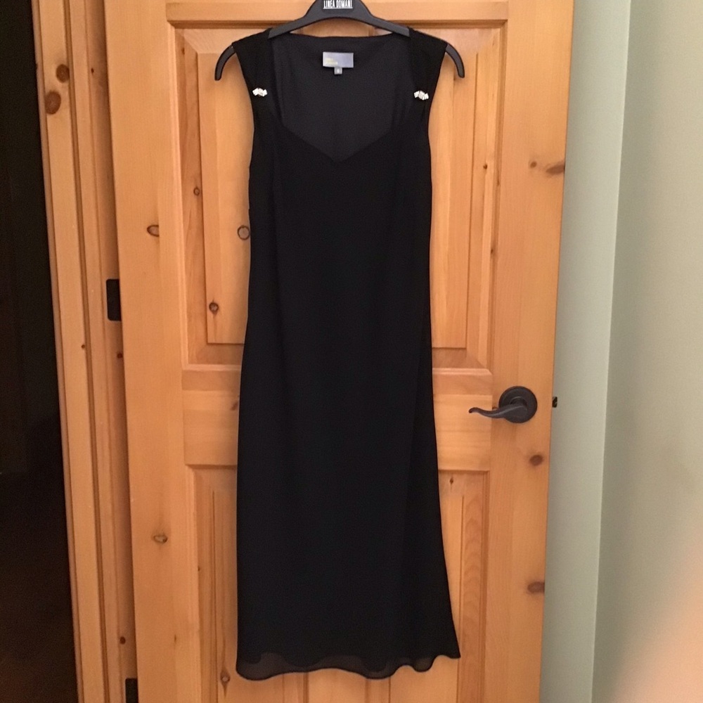 Chic Black Midi Slip Dress with Rhinestone Shoulder Accents